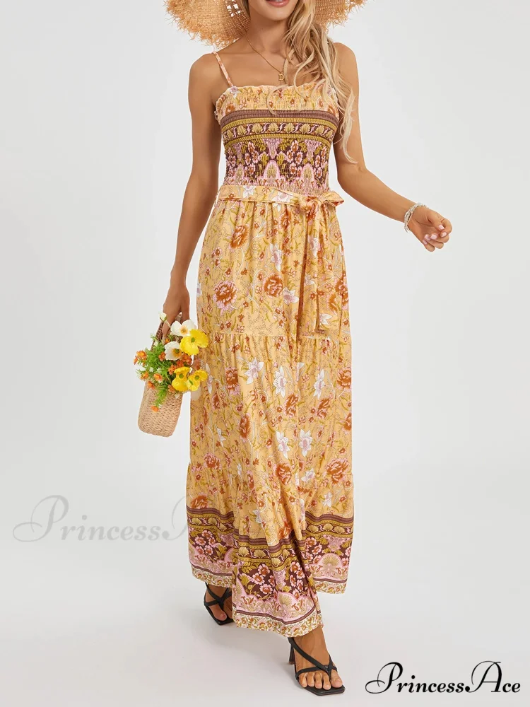 Vintage Retro Flower Swing Spaghetti Straps Cinched Long Flower Dress - Image 9