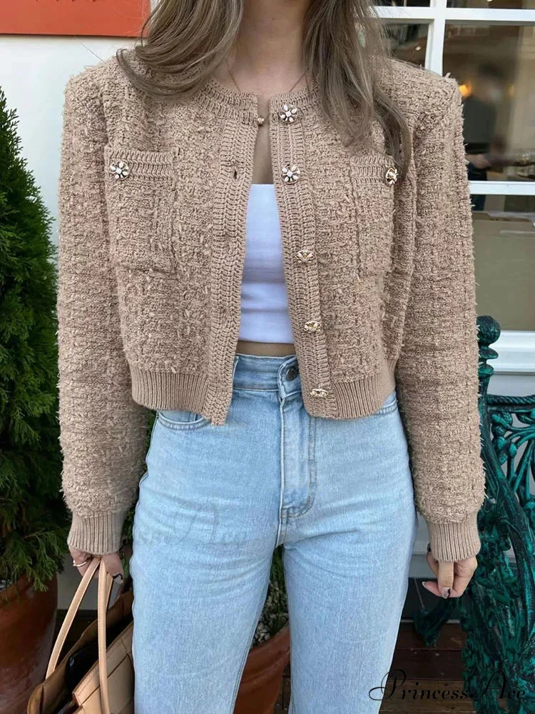 Vintage Single Buttoned Round Neck Knitted Cardigan - Image 2