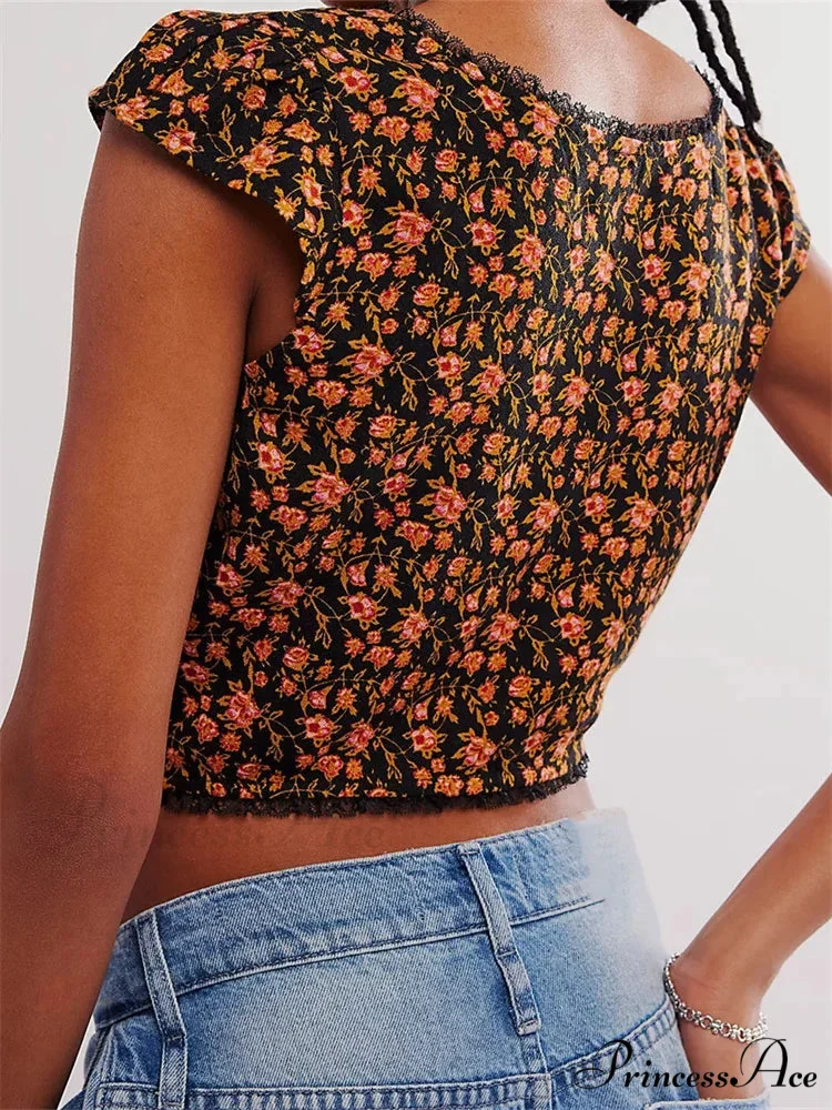 Vintage Slim Fit Floral Button V-neck Crop Top - Image 2
