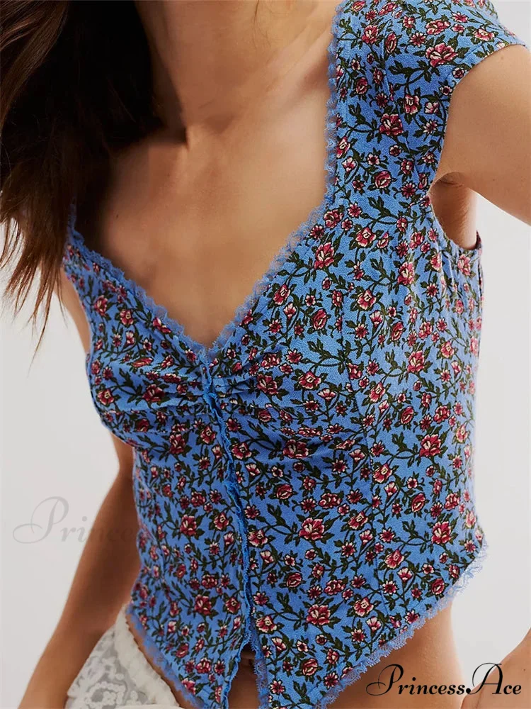 Vintage Slim Fit Floral Button V-neck Crop Top - Image 3
