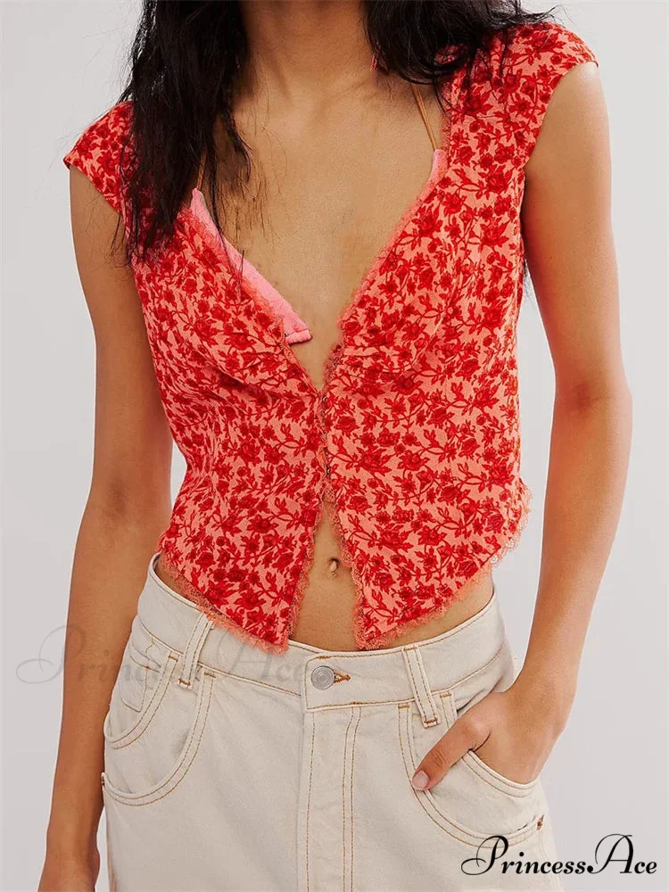 Vintage Slim Fit Floral Button V-neck Crop Top - Image 5