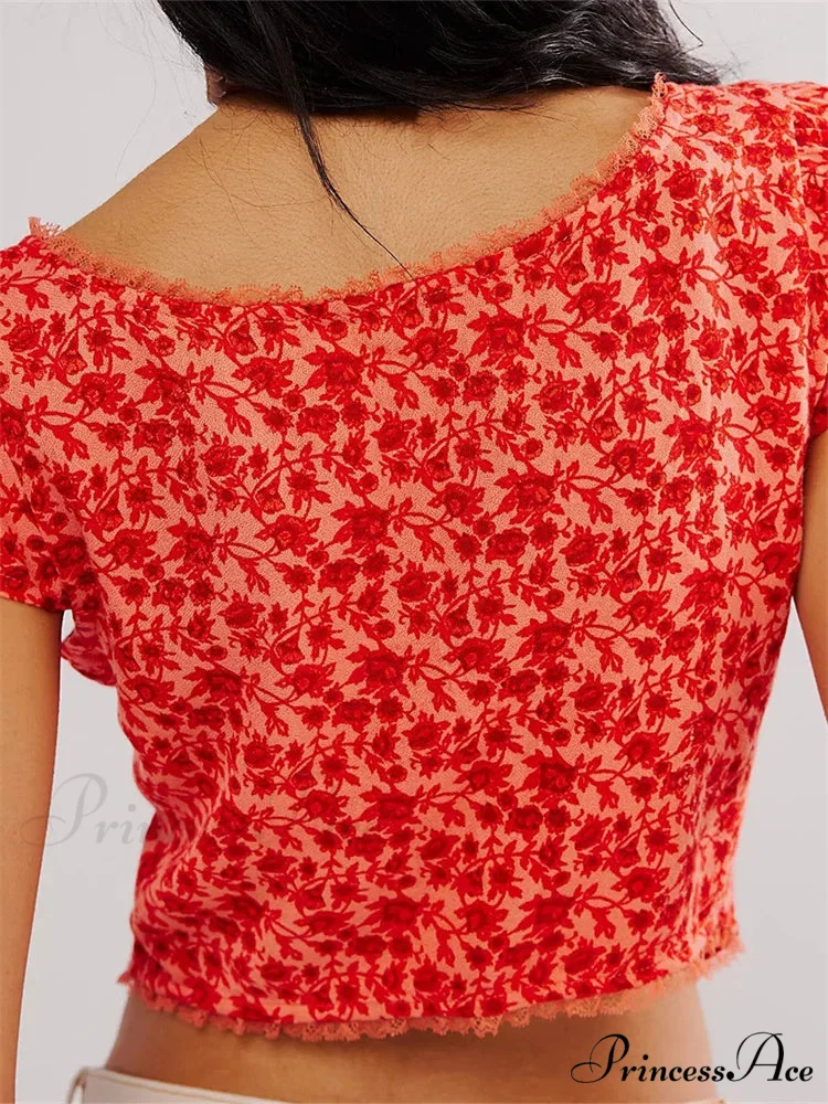 Vintage Slim Fit Floral Button V-neck Crop Top - Image 6