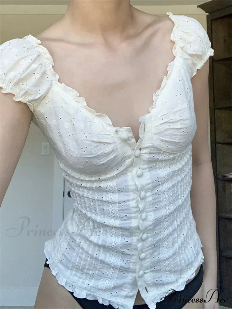 Vintage Square Neck Button Up Short Sleeve Top - Image 2
