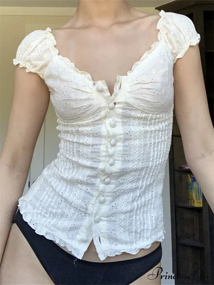 Vintage Square Neck Button Up Short Sleeve Top - Image 3