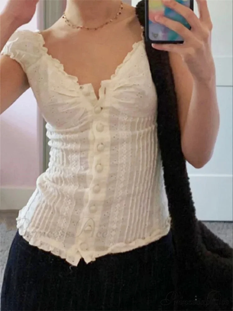 Vintage Square Neck Button Up Short Sleeve Top - Image 5