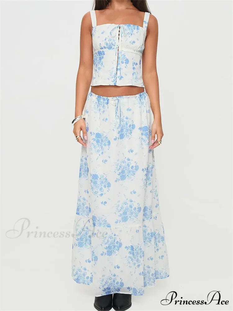 Vintage Square Neck Button Up Tank Top Floral Print Maxi Skirt - Image 2
