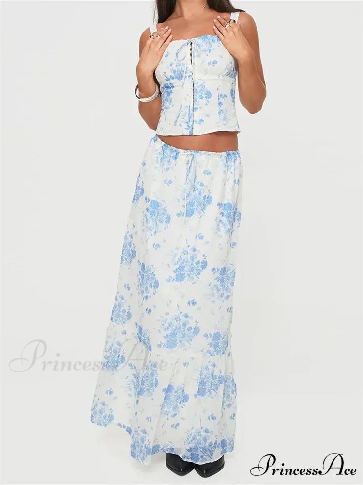 Vintage Square Neck Button Up Tank Top Floral Print Maxi Skirt - Image 3