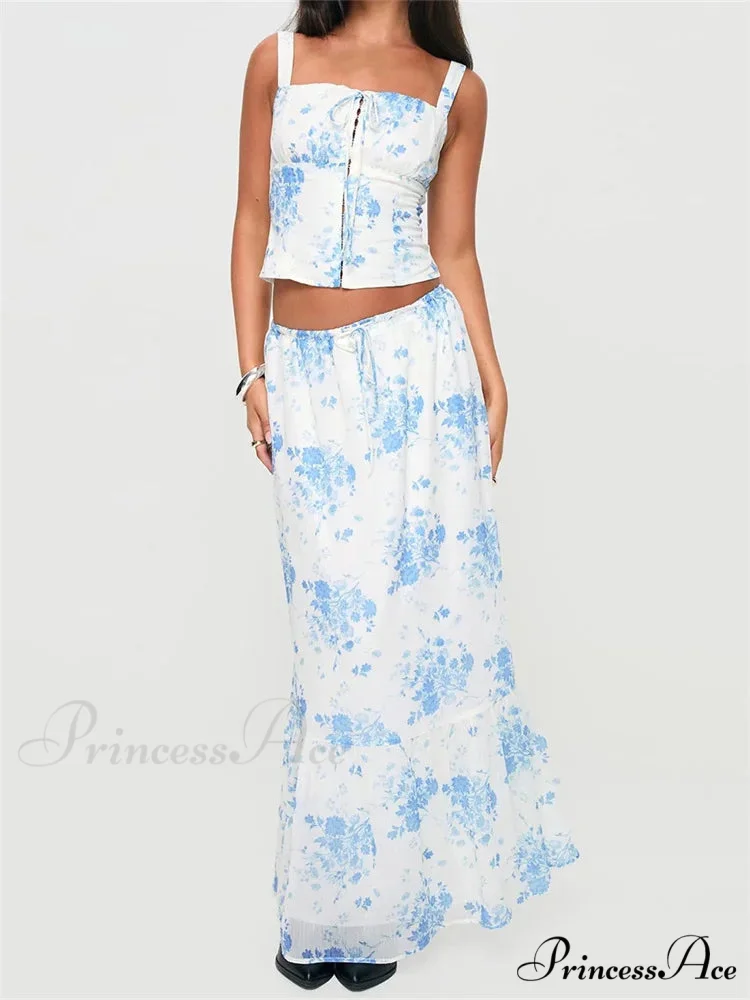 Vintage Square Neck Button Up Tank Top Floral Print Maxi Skirt - Image 4