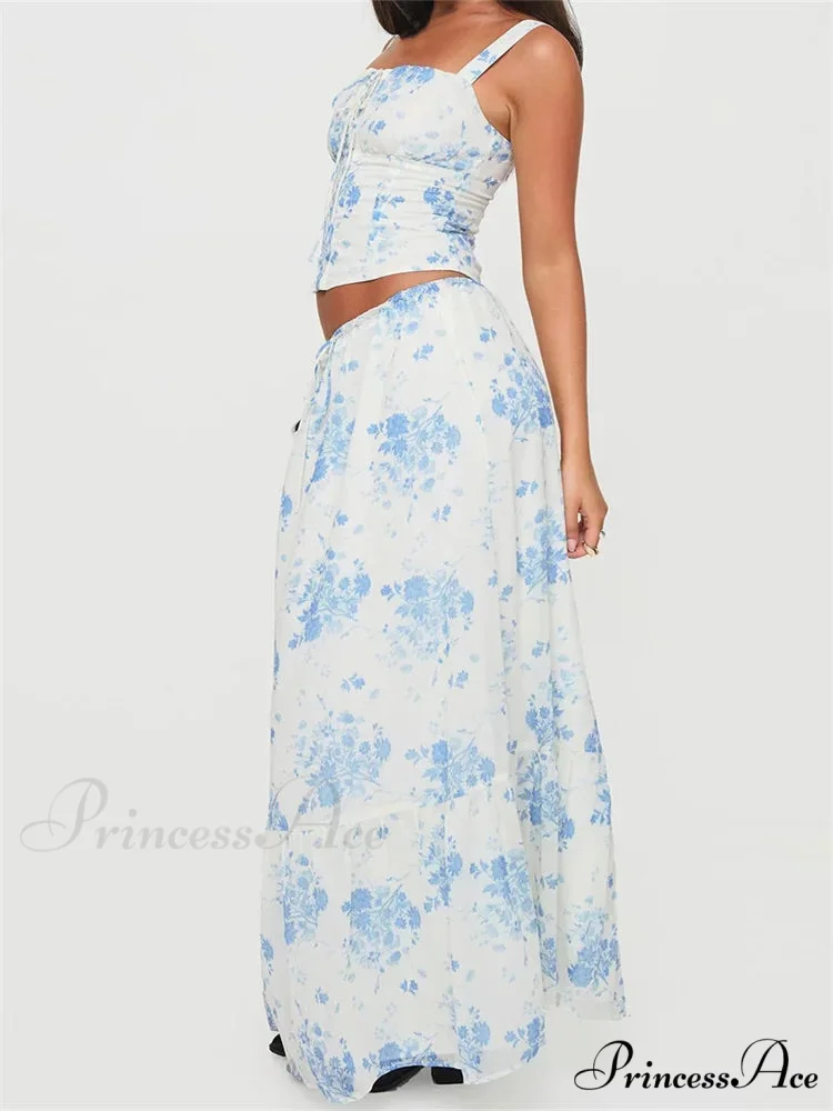Vintage Square Neck Button Up Tank Top Floral Print Maxi Skirt - Image 5