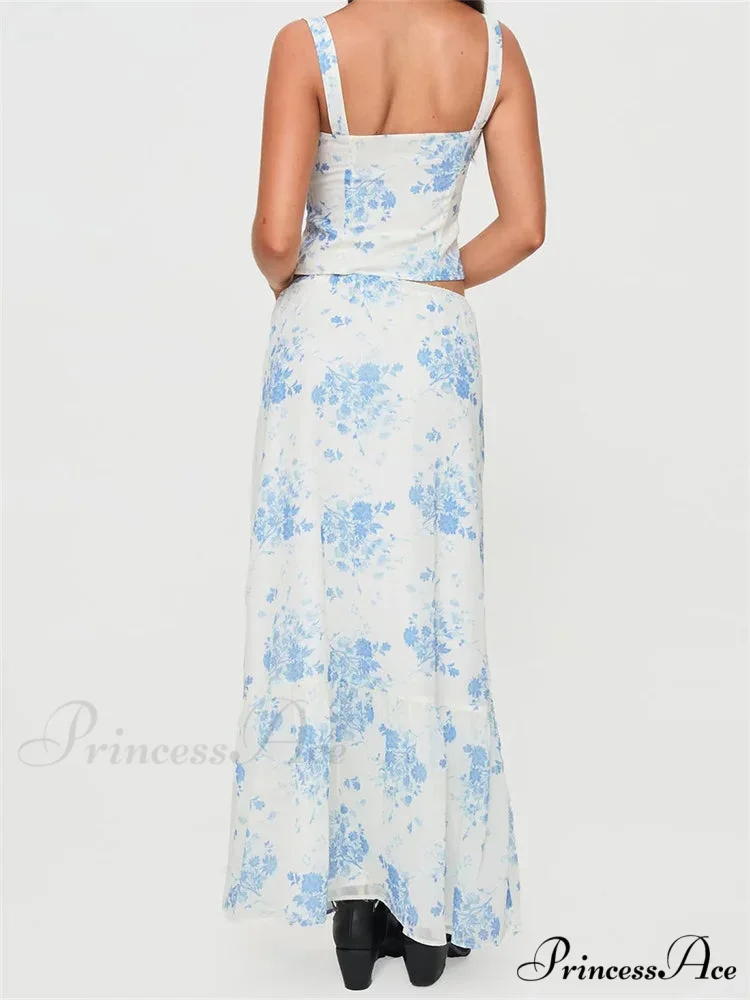 Vintage Square Neck Button Up Tank Top Floral Print Maxi Skirt - Image 6