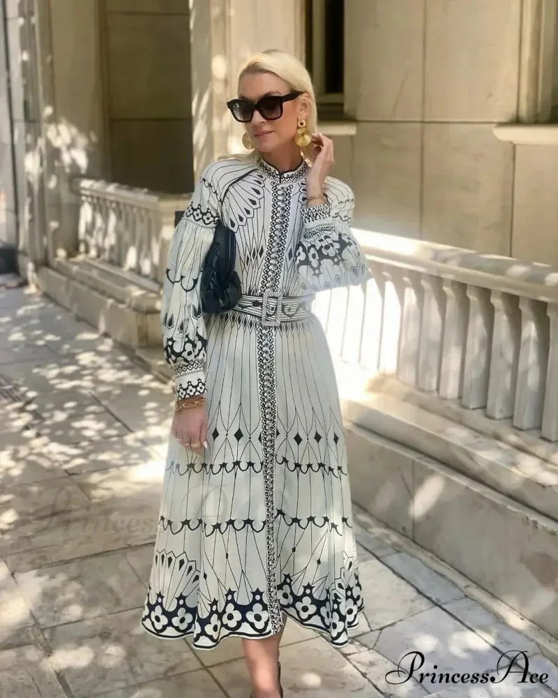 Vintage Stand Collar Cinched Bohemian Dress - Image 2