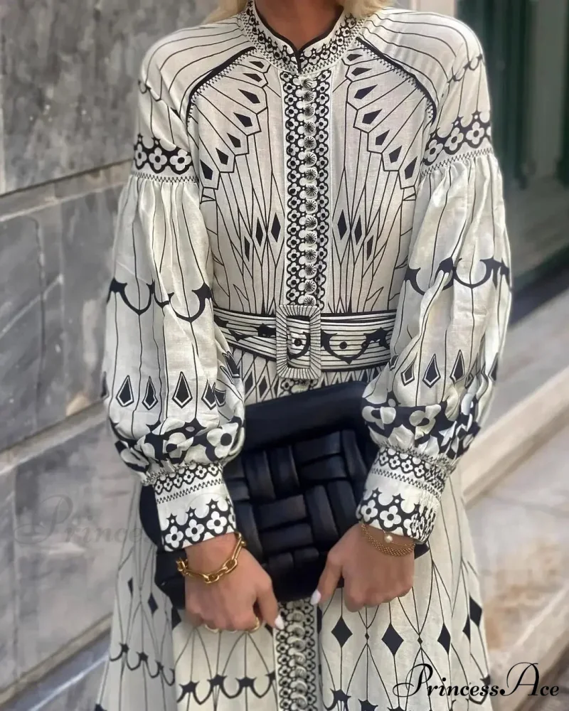 Vintage Stand Collar Cinched Bohemian Dress - Image 3