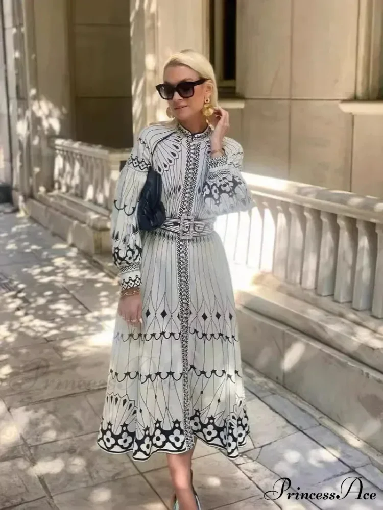 Vintage Stand Collar Cinched Bohemian Dress - Image 4