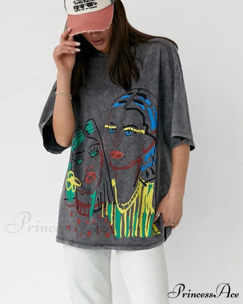 Vintage Washed Pattern High-End Retro T-shirt - Image 17