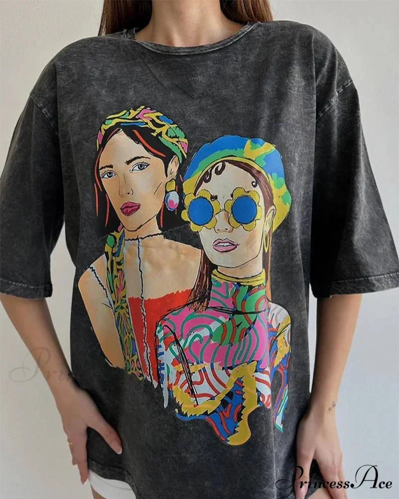 Vintage Washed Pattern High-End Retro T-shirt - Image 19