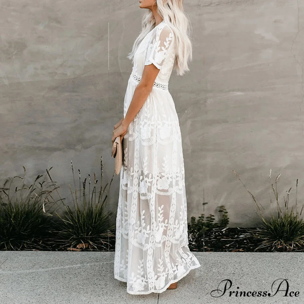 Vintage White Deep V-neck Summer Dress - Image 3