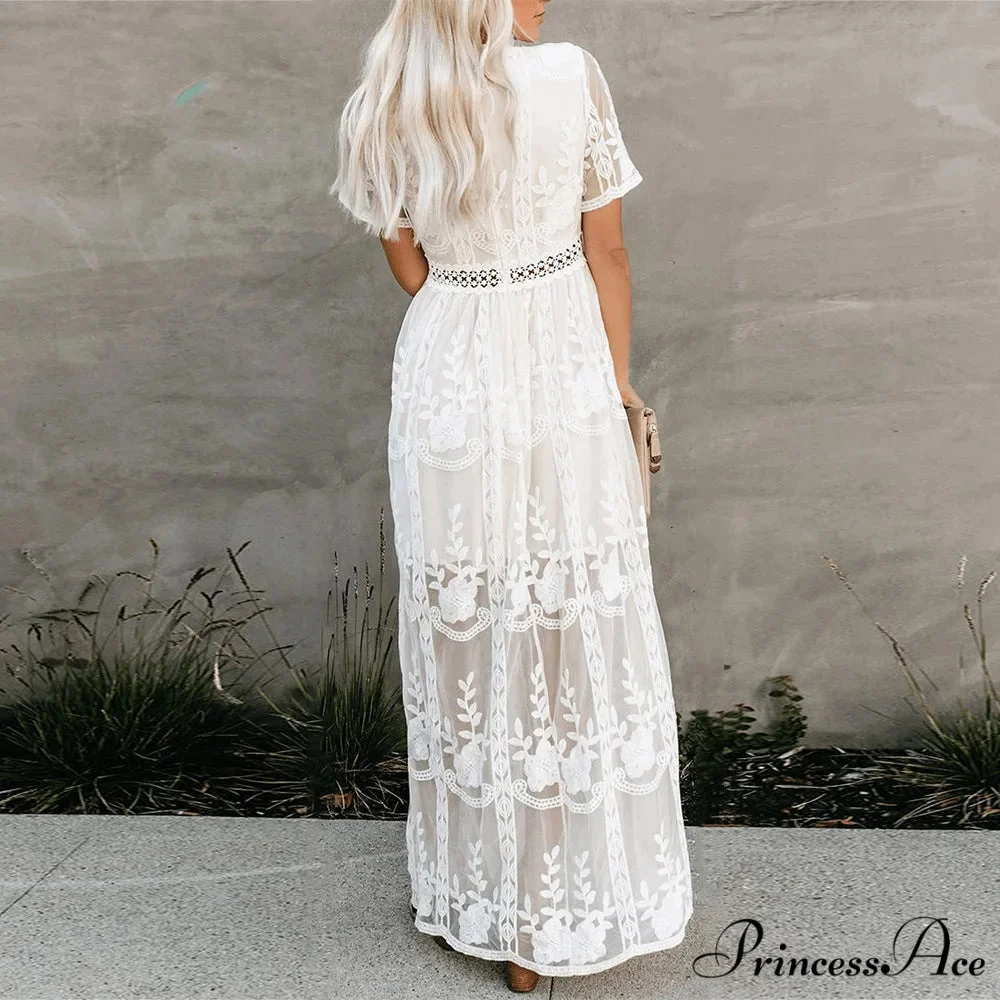 Vintage White Deep V-neck Summer Dress - Image 4