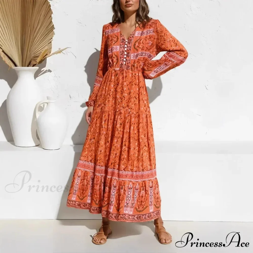 Violet Flowery Pattern Lantern Sleeve V-neck Rayon Maxi Boho Dress - Image 2