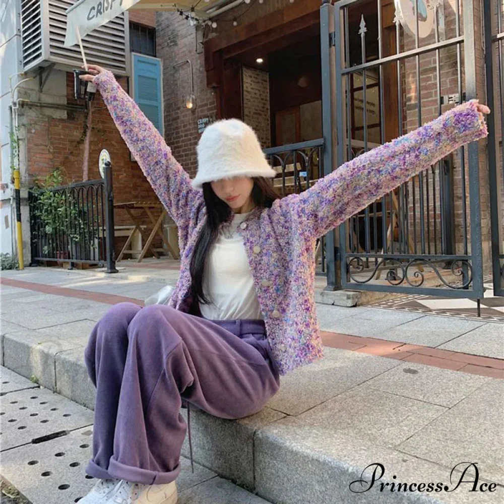 Violet Flowery Relaxed Breeze Open Weave Cardigan - Image 2