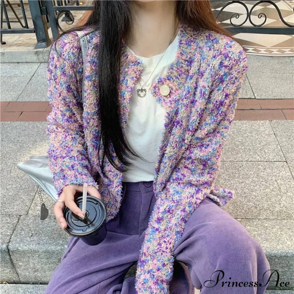 Violet Flowery Relaxed Breeze Open Weave Cardigan - Image 3