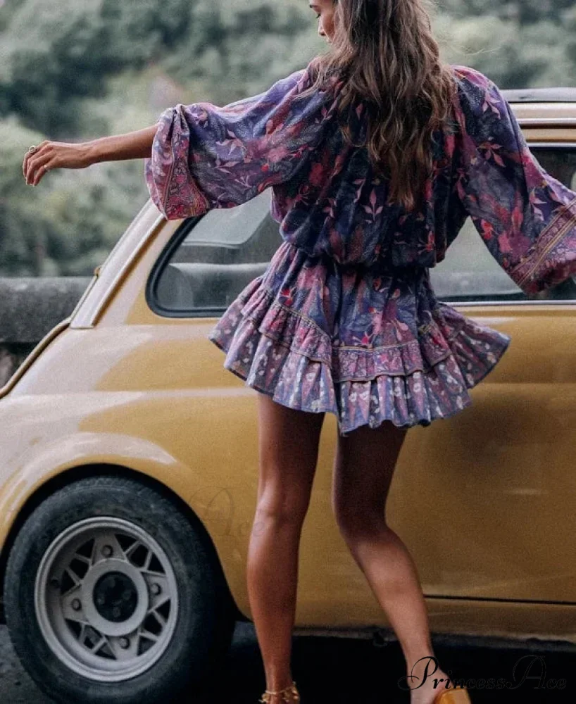 Violet Flowery Stretchy Waist Long Sleeve Short Boho Dress - Image 2