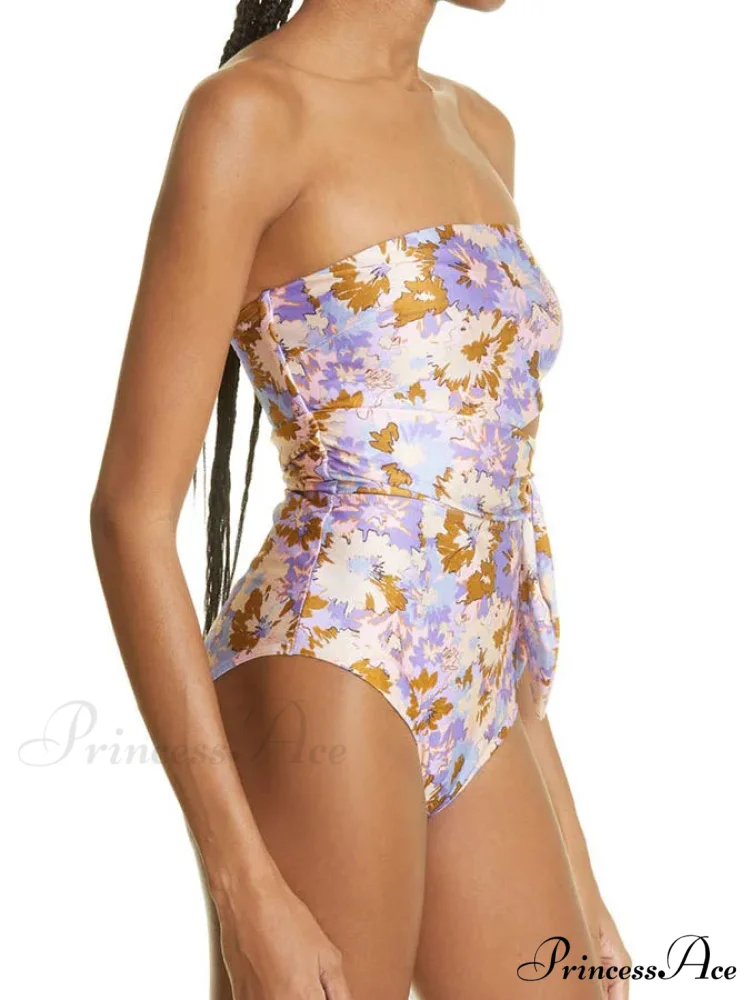 Violet Golden Blossom Pattern Enveloped Bodice Single Piece - Image 2