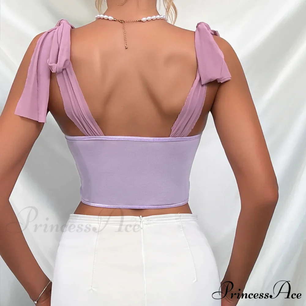 Violet Lace Ribbon Shoulder Strap Fishbone Crop Top - Image 2