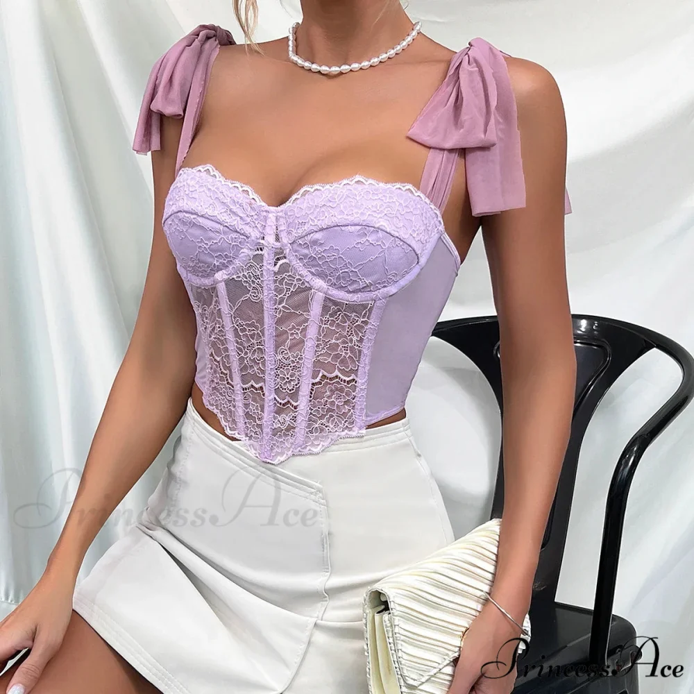 Violet Lace Ribbon Shoulder Strap Fishbone Crop Top - Image 3
