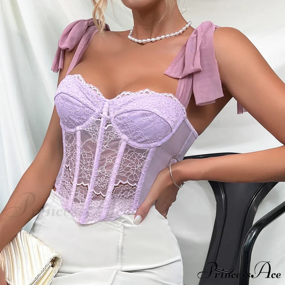 Violet Lace Ribbon Shoulder Strap Fishbone Crop Top - Image 5