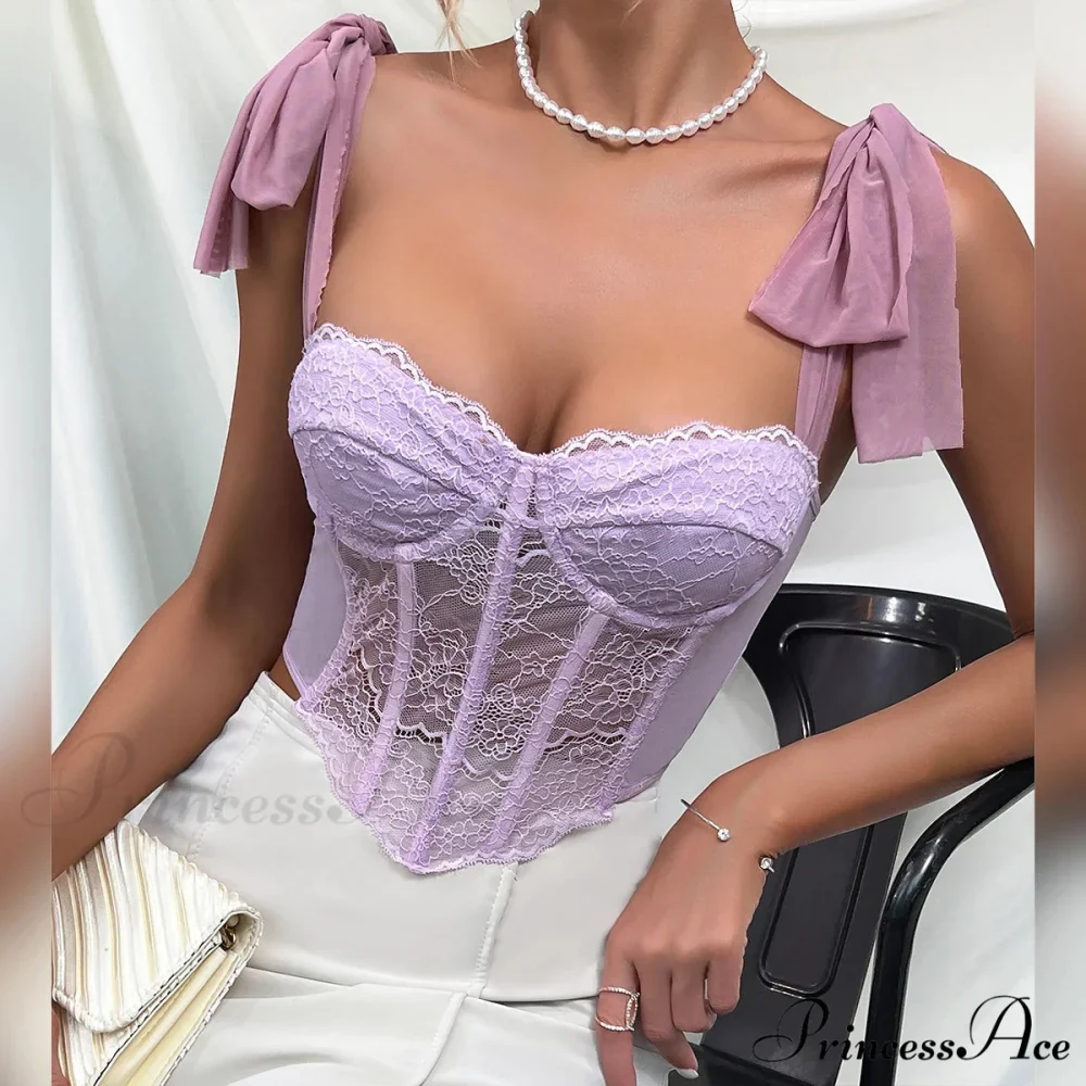 Violet Lace Ribbon Shoulder Strap Fishbone Crop Top - Image 6