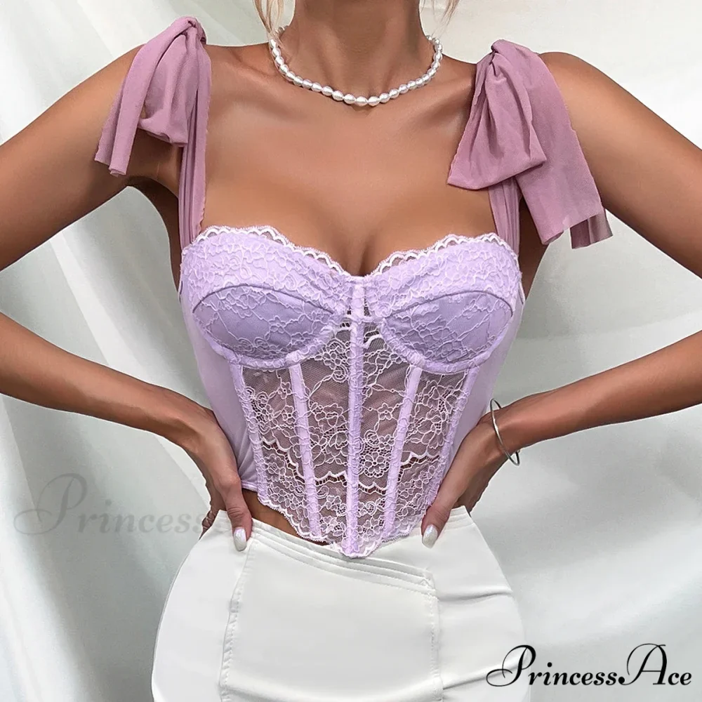 Violet Lace Ribbon Shoulder Strap Fishbone Crop Top - Image 7