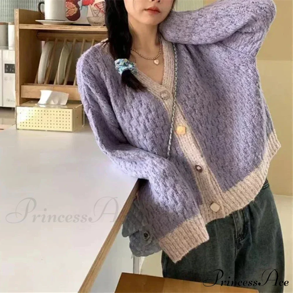 Violet Patchwork Baggy Soft V-Neck Knitted Cardigan - Image 2