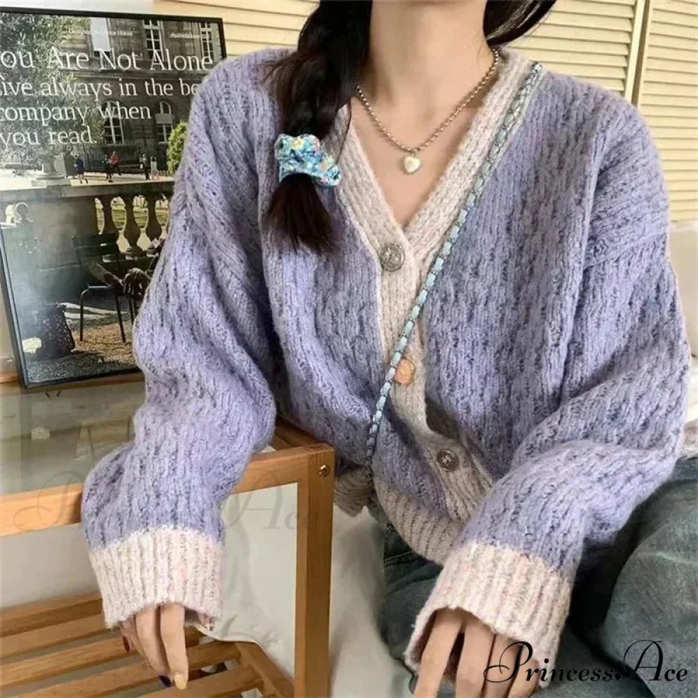 Violet Patchwork Baggy Soft V-Neck Knitted Cardigan - Image 4