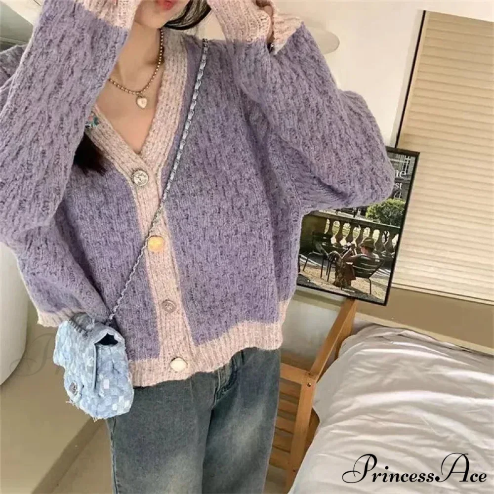 Violet Patchwork Baggy Soft V-Neck Knitted Cardigan - Image 5