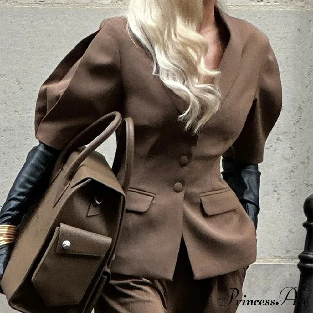 Voluminous Sleeve Jacket Wide Pants Office Two Piece Set - Image 3
