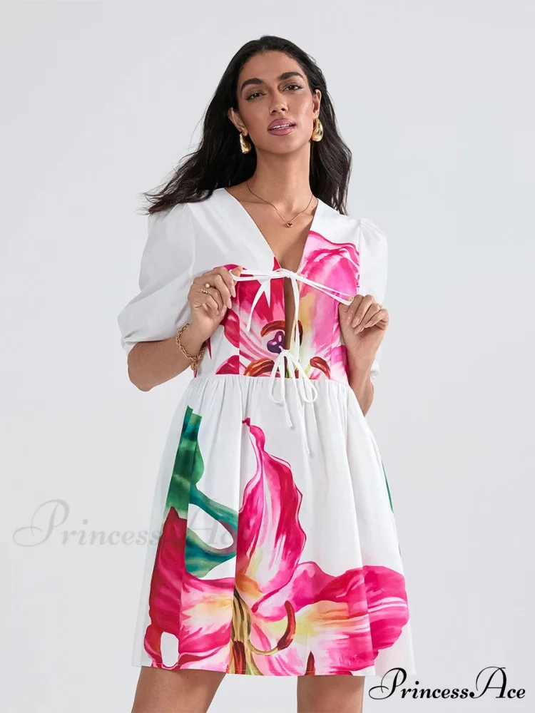 Voluminous Sleeve Knot A-Line Short Floral Dress - Image 2