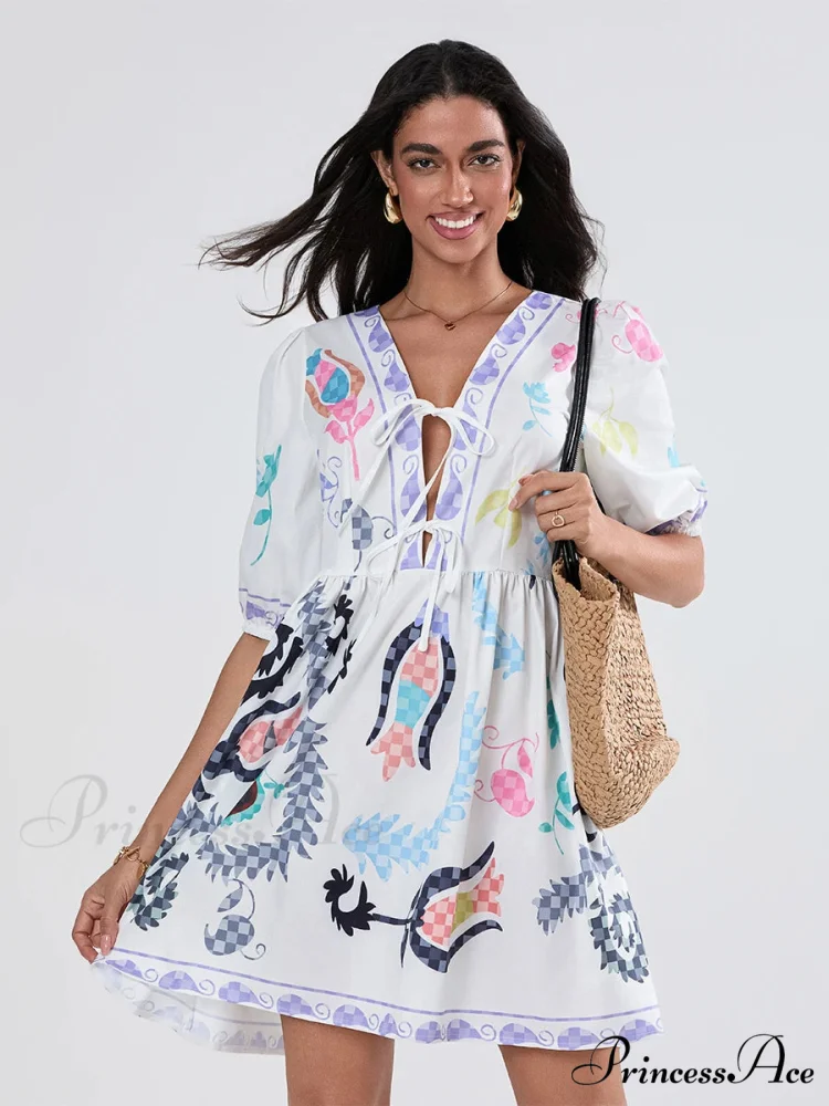 Voluminous Sleeve Knot A-Line Short Floral Dress - Image 3