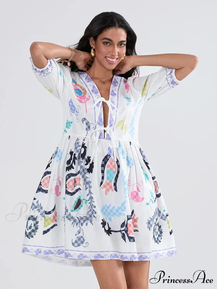 Voluminous Sleeve Knot A-Line Short Floral Dress - Image 4