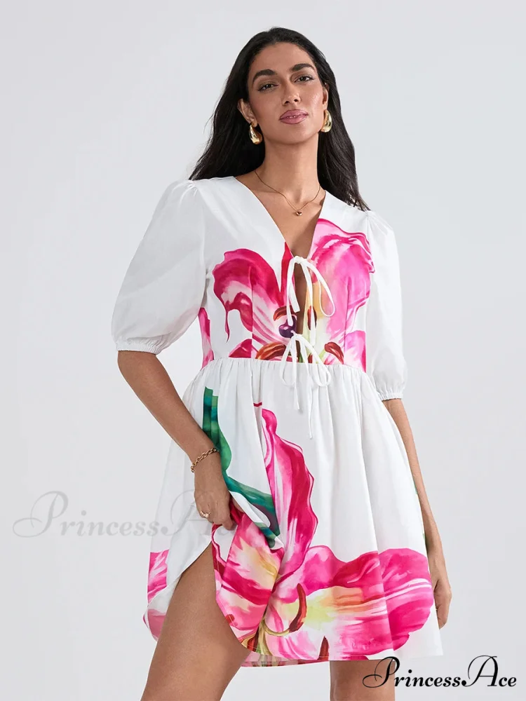 Voluminous Sleeve Knot A-Line Short Floral Dress - Image 5