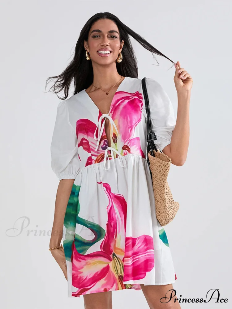 Voluminous Sleeve Knot A-Line Short Floral Dress - Image 6
