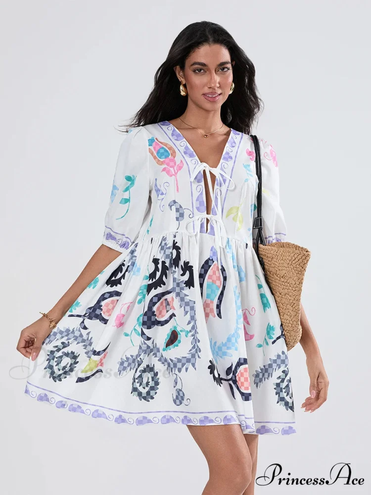Voluminous Sleeve Knot A-Line Short Floral Dress - Image 7