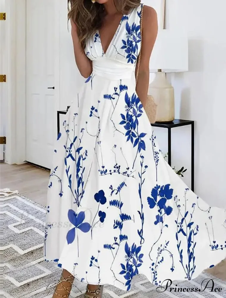 Warm Blossom Pattern Seductive Plunging Neckline Flared Flowered Dress - Image 2