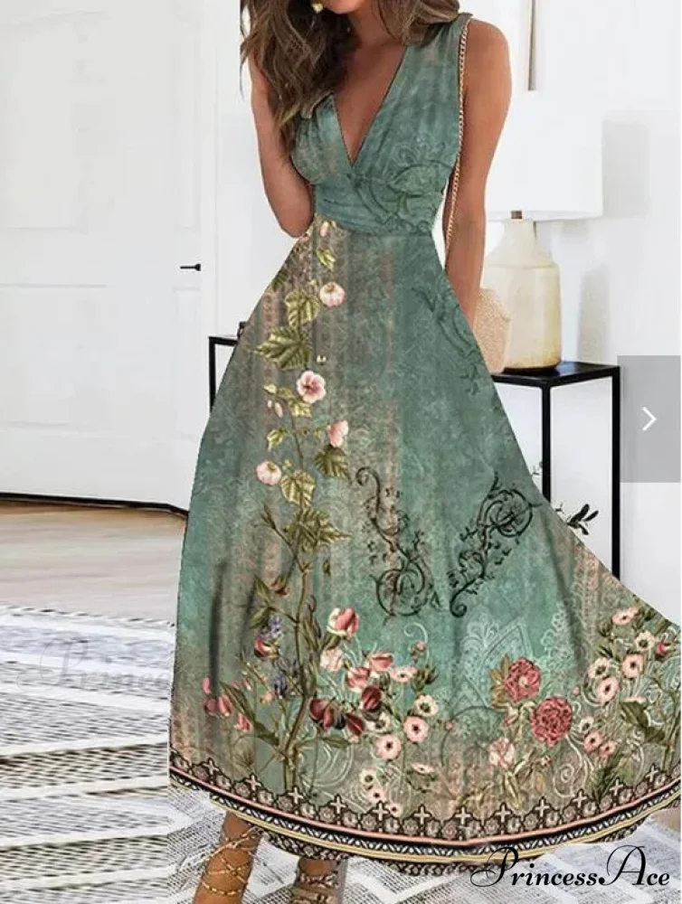 Warm Blossom Pattern Seductive Plunging Neckline Flared Flowered Dress - Image 3