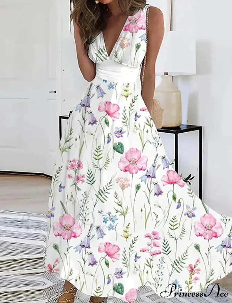 Warm Blossom Pattern Seductive Plunging Neckline Flared Flowered Dress - Image 4
