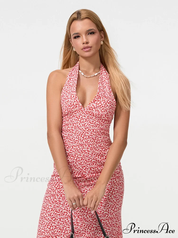 Warm Blossoming Backless Fasten-Up Halter Neck Midi Celebration Blossoming Dress - Image 2