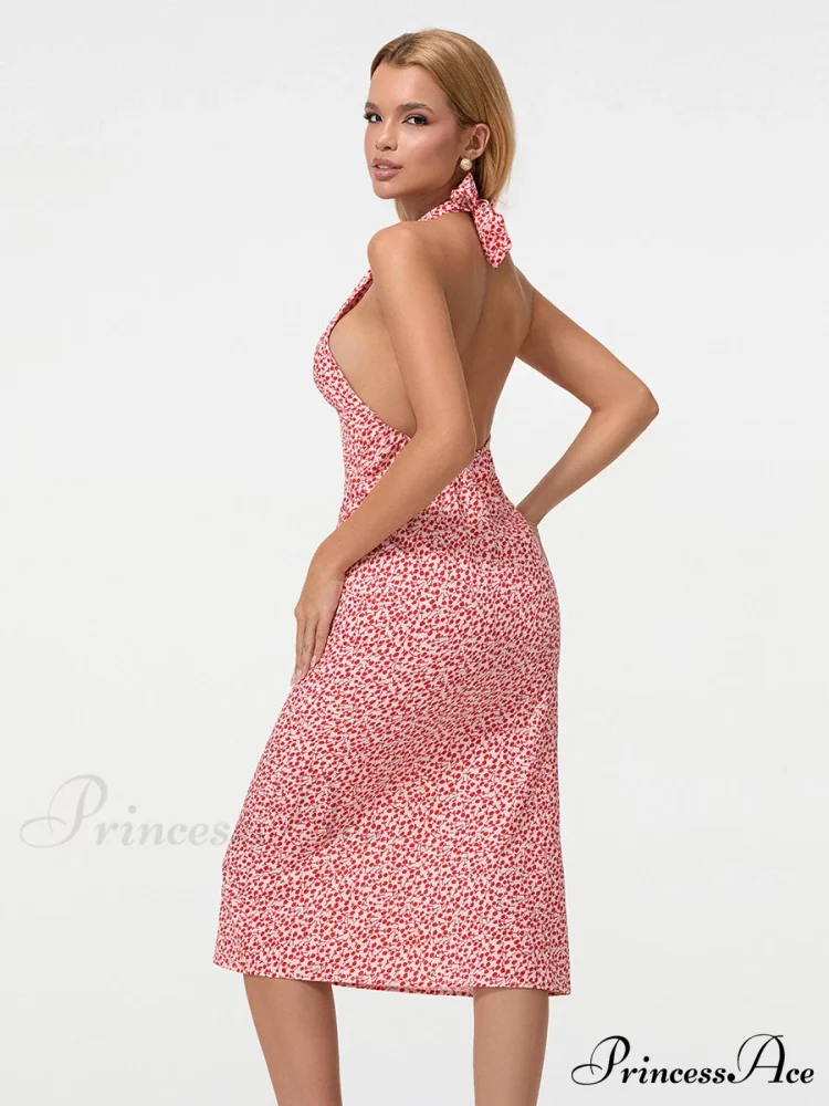 Warm Blossoming Backless Fasten-Up Halter Neck Midi Celebration Blossoming Dress - Image 3