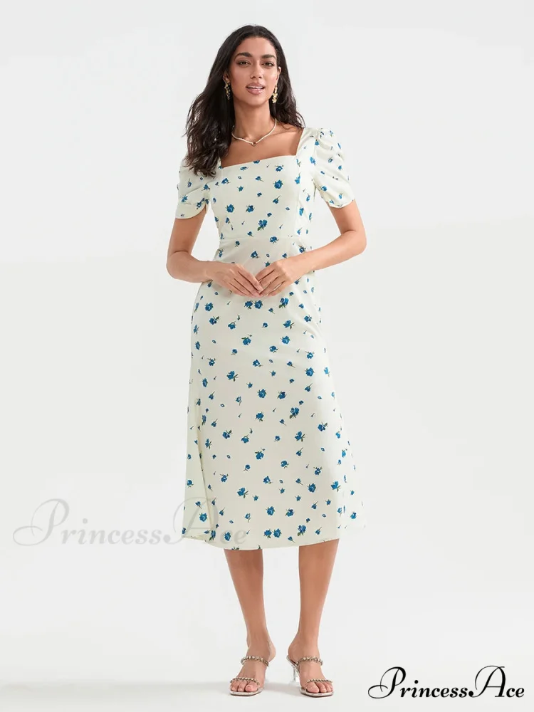 Warm Blossoming Midi Puff Sleeve A-Line Floral Dress - Image 2