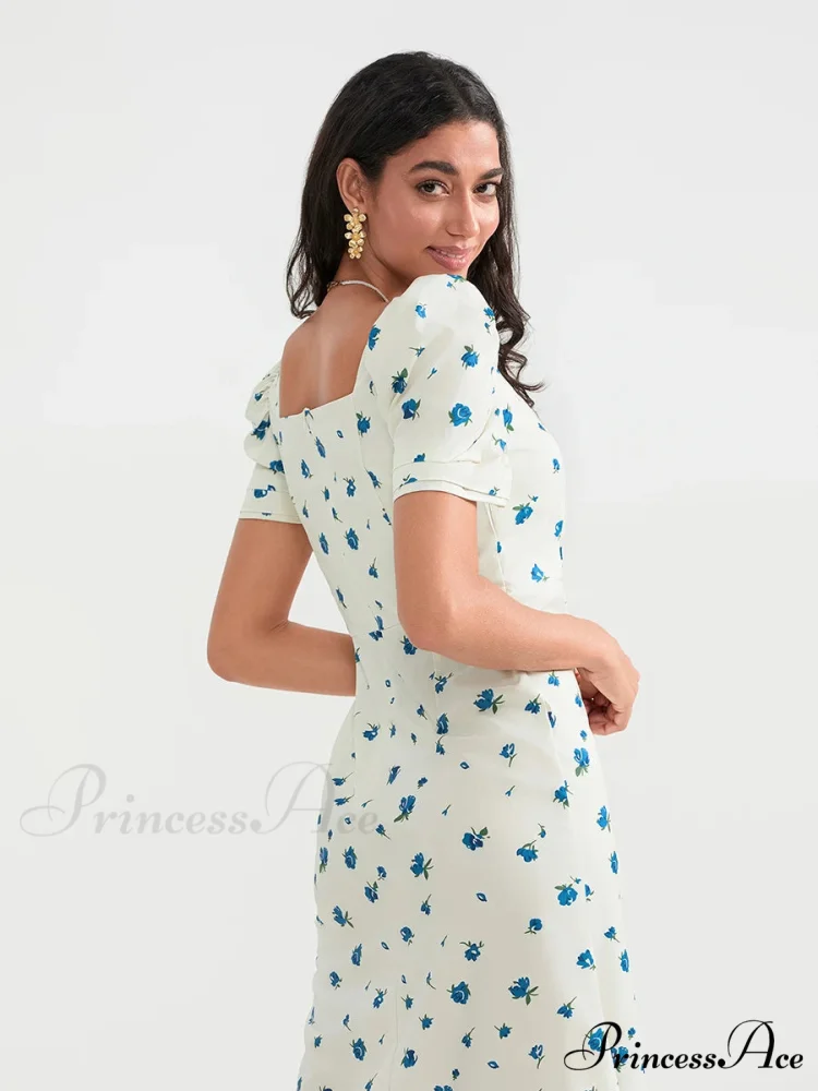 Warm Blossoming Midi Puff Sleeve A-Line Floral Dress - Image 4