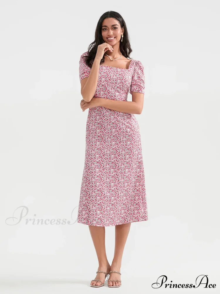 Warm Blossoming Midi Puff Sleeve A-Line Floral Dress - Image 5