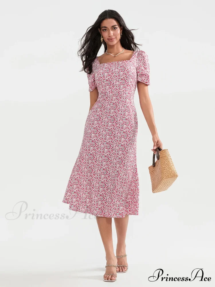Warm Blossoming Midi Puff Sleeve A-Line Floral Dress - Image 6